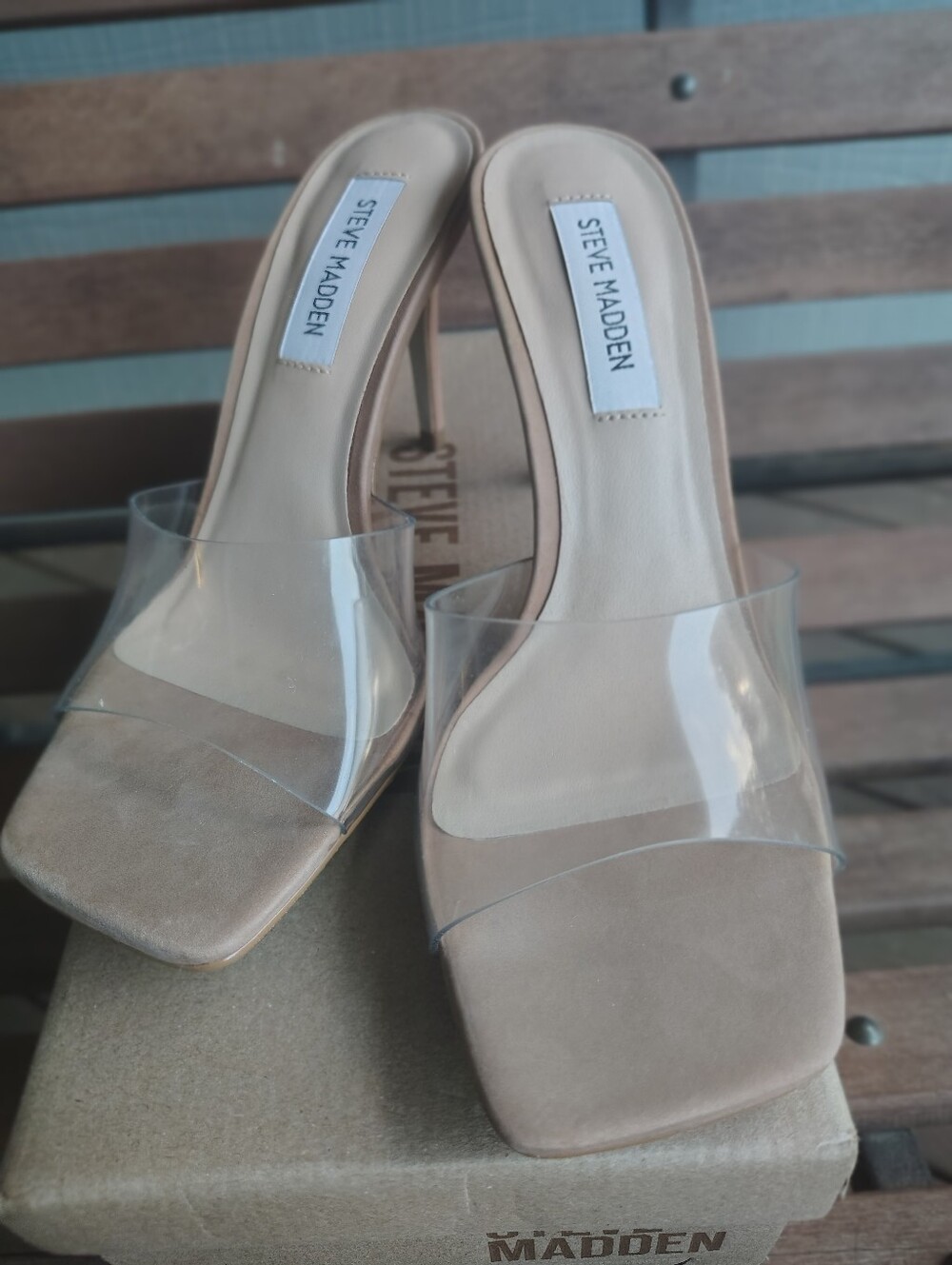 Steve Madden Nude Clear Strap Square Toe Slide Sandals